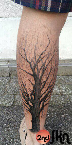 Amazing Tree Without Leaves Tattoo On Left Leg Calf
