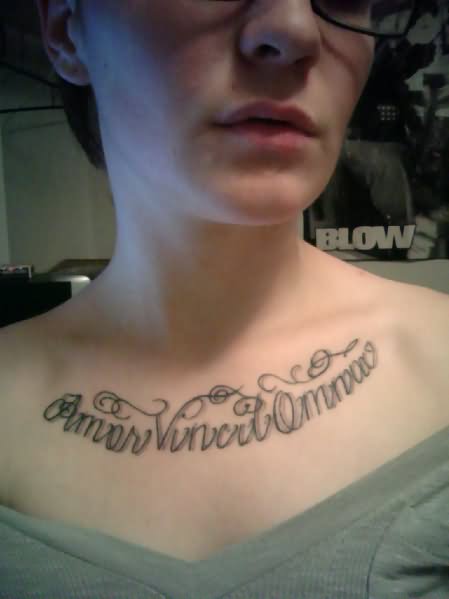 Amor Vincit Omnia Name Tattoo On Girl Chest