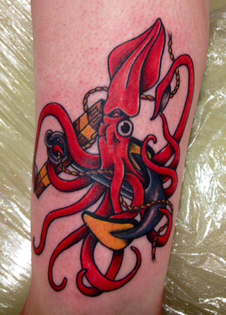 Anchor And Red Squid Tattoo On Leg