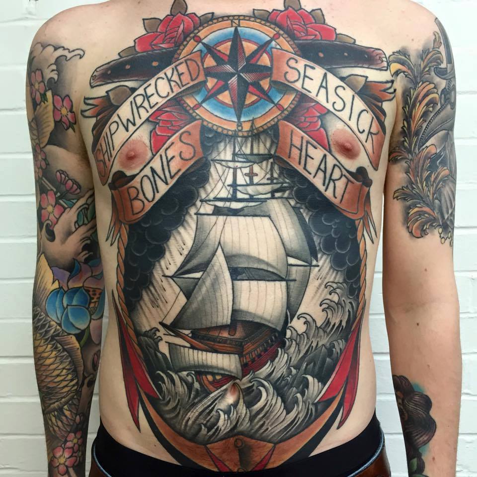 Anchor And Ship Tattoo On Man Full Body by Best UK Tattoo Artist