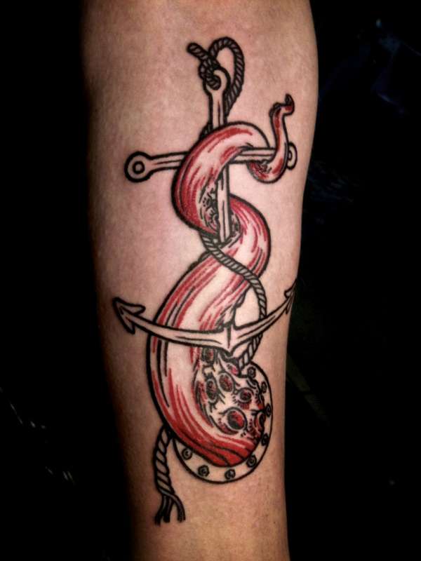 Anchor And Squid Tattoo On Sleeve