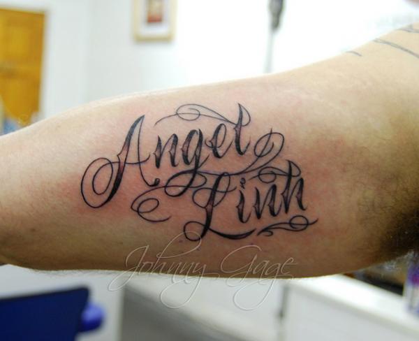Angel Linh Name Tattoo Design For Bicep