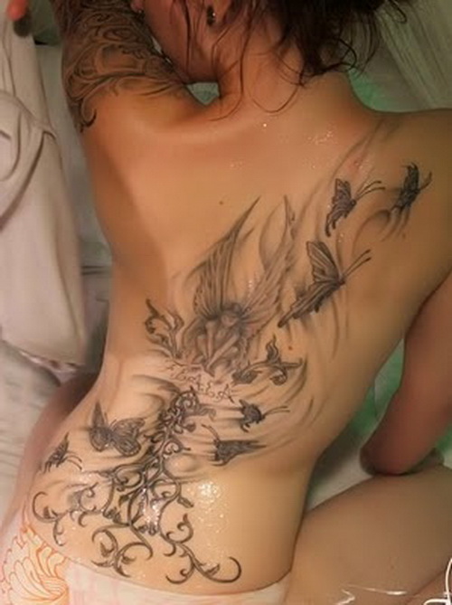 Angel With Flying Birds Tattoo On Girl Full Back