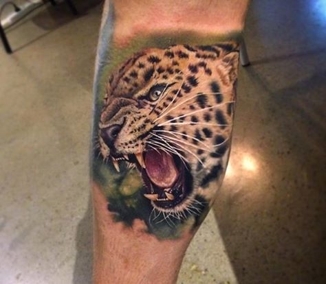 Angry Jaguar Head Tattoo On Leg by Kegan Hawkins