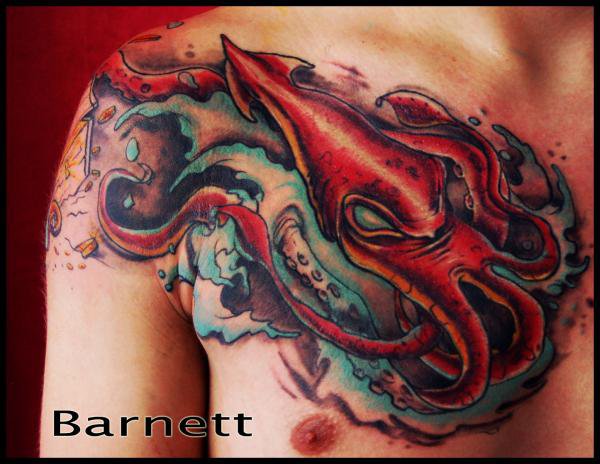 Angry Squid Tattoo On Front Shoulder by Rick Barnett