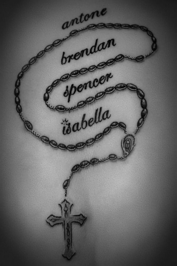 Antone Brendon Spencer Isabella Name With Rosary Cross Tattoo Design