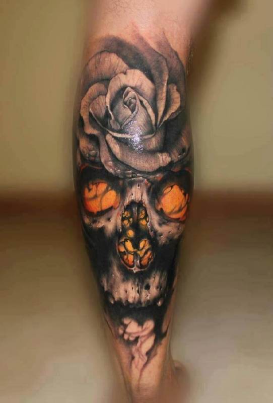 Attractive 3D Skull With Rose Tattoo Design For Leg Calf