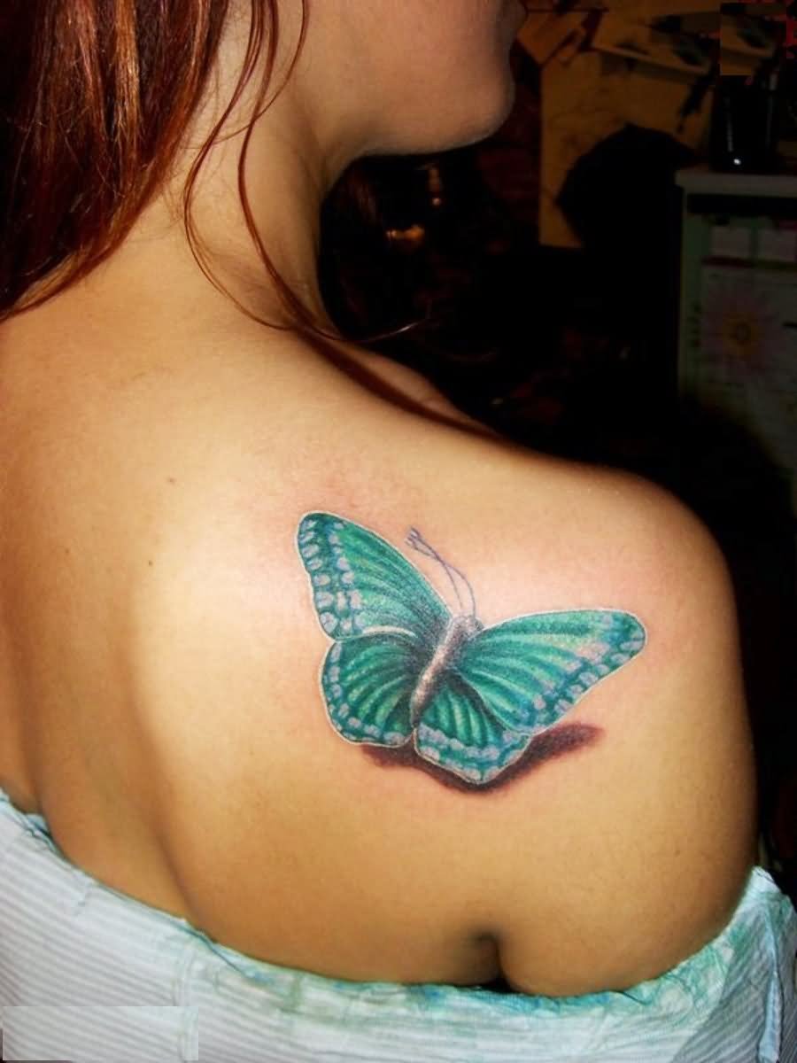 Attractive Butterfly Tattoo On Women Right Back Shoulder