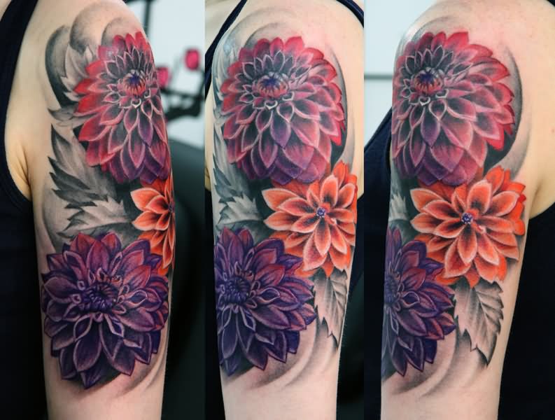 Attractive Dahlia Flowers Tattoo Design For Half Sleeve By Alice Kendall