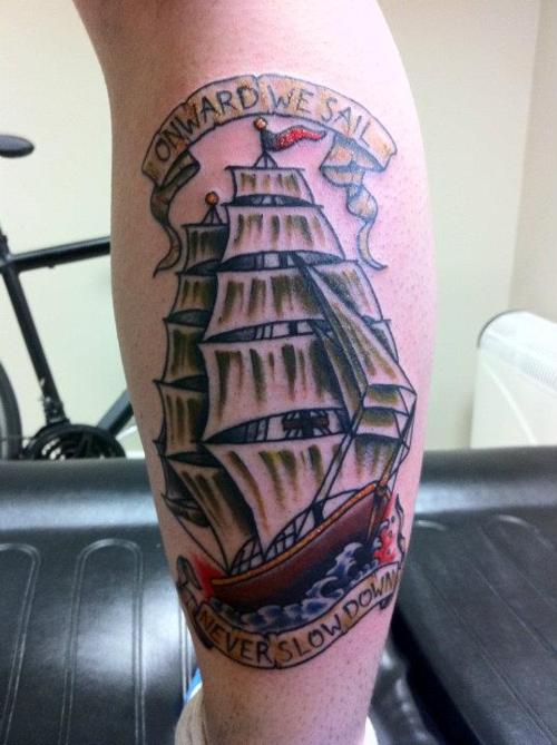Attractive Ship With Banner Tattoo Design For Girl Leg Calf