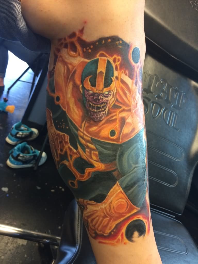 Attractive Thanos Tattoo On Side Leg Calf