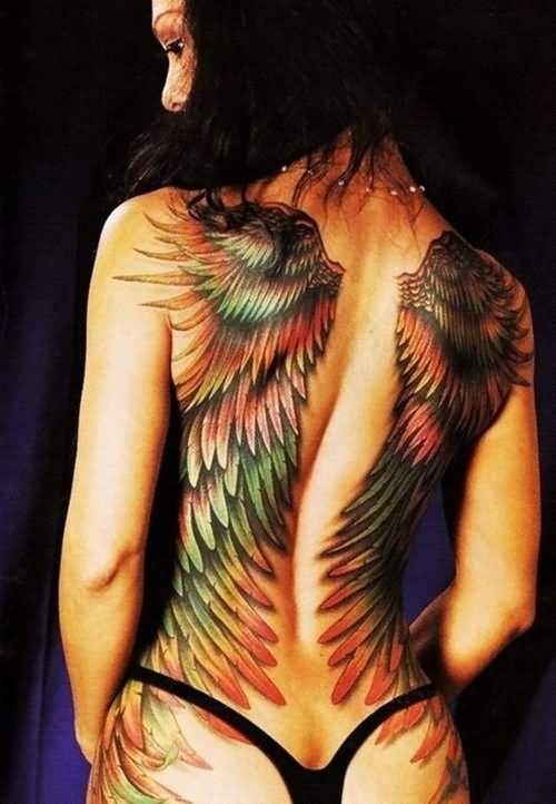 Attractive Wings Tattoo On Girl Full Back
