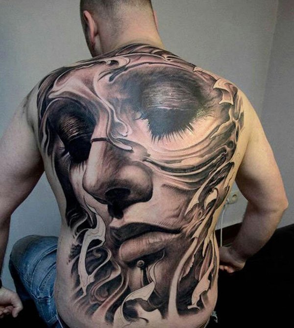 Awesome 3D Girl Face Tattoo On Man Full Back