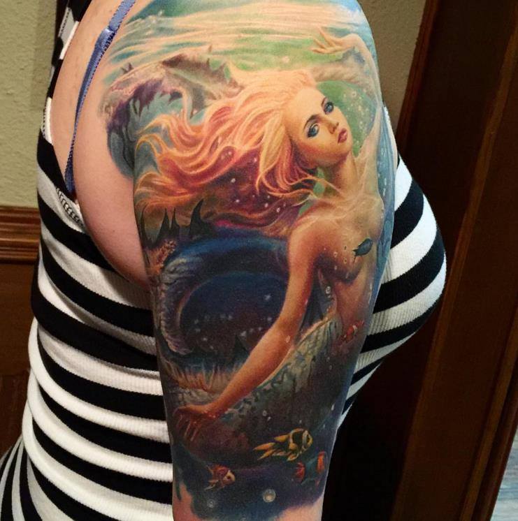 Awesome Colorful Mermaid Tattoo On Right Half Sleeve