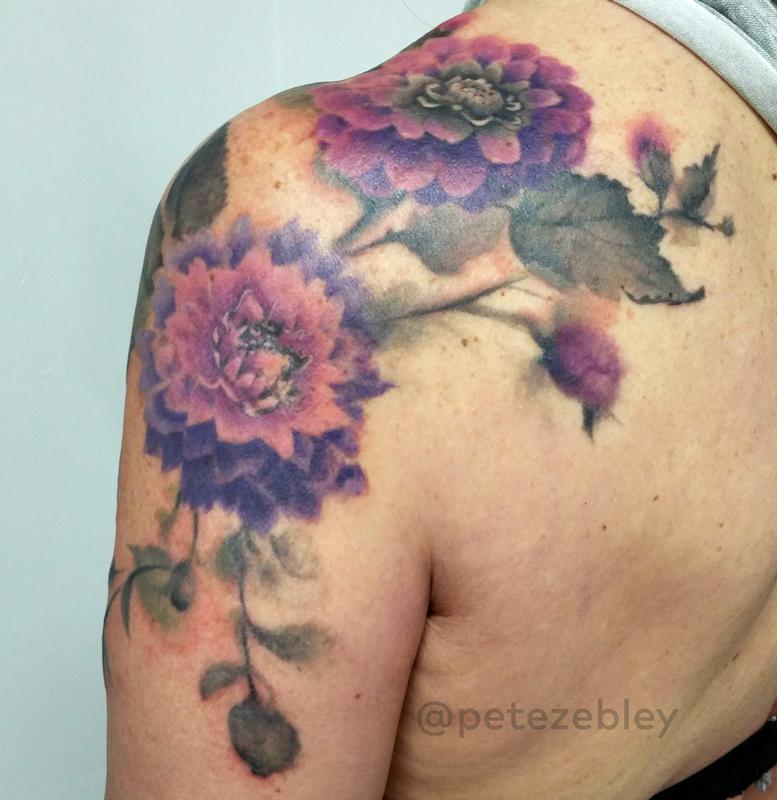 Awesome Dahlia Flowers Tattoo On Left Shoulder