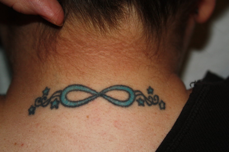 Awesome Infinity With Stars Tattoo On Back Neck