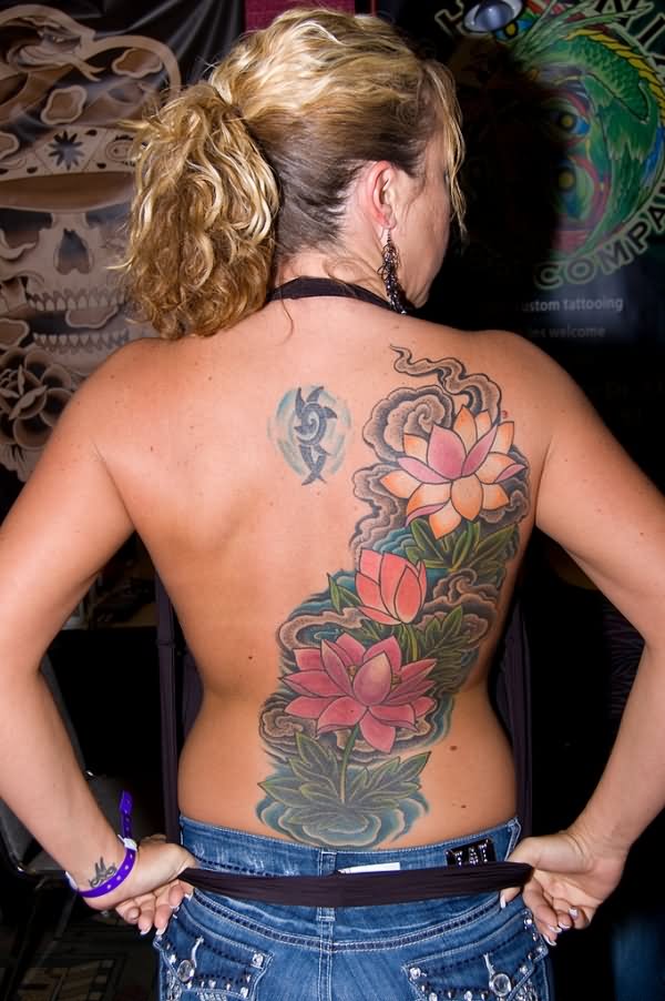 Awesome Lotus Flowers Tattoo On Girl Full Back