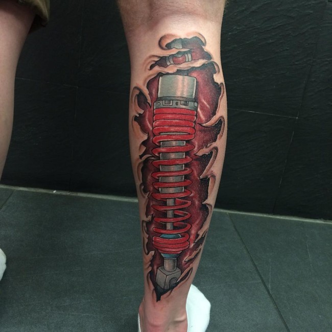 Awesome Ripped Skin Shocker Tattoo On Right Leg Calf