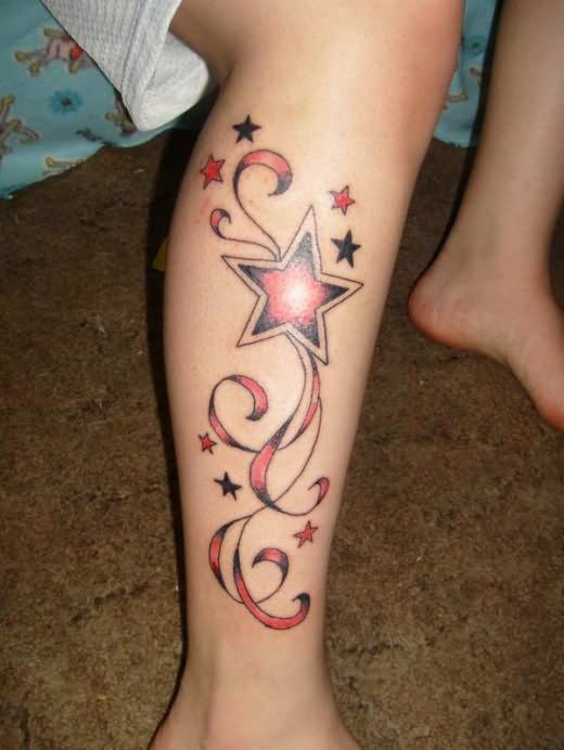Awesome Stars Tattoo On Girl Right Leg Calf