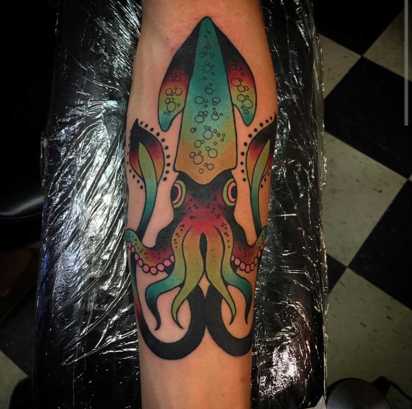 Awesome Traditional Squid Tattoo On Arm