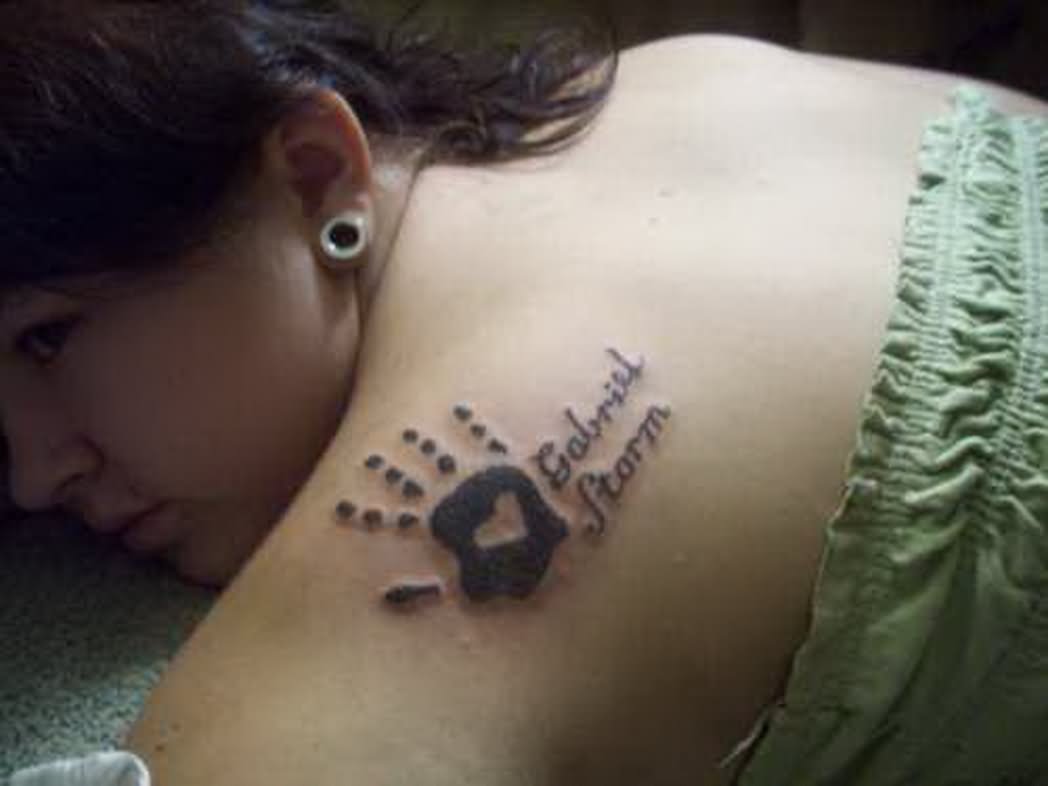 Baby Hand Print With Gabriel Ftorm Name Tattoo On Girl Upper Back