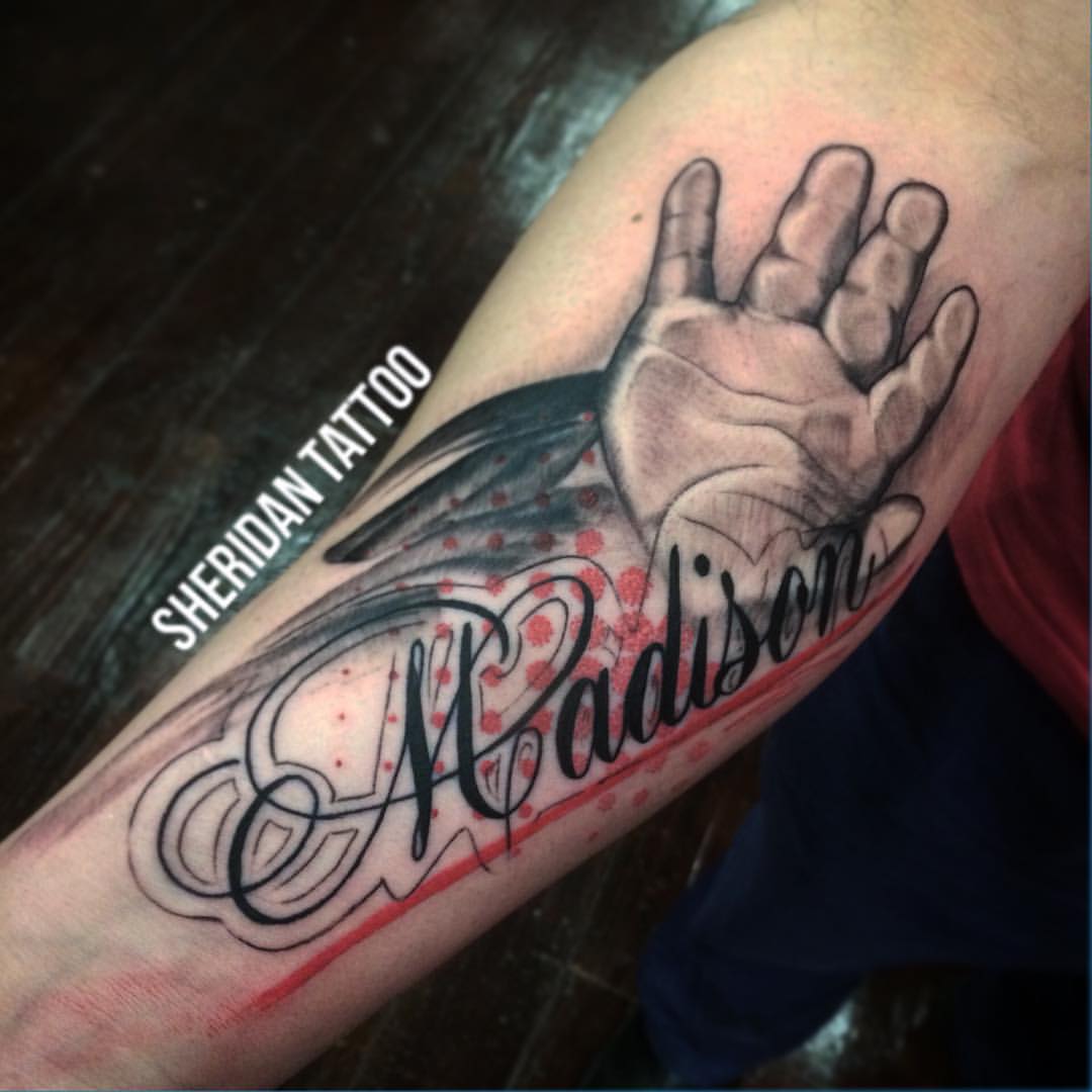 Baby Hand With Madison Name Tattoo Design For Forearm