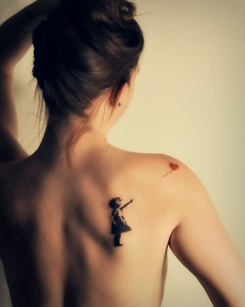 Banksy Girl Tattoo On Women Right Back Shoulder