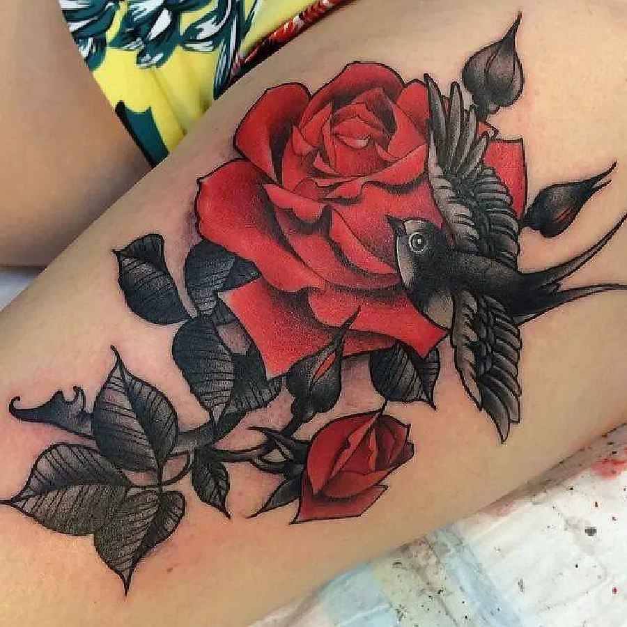 Beautiful Red Rose Flower Tattoo On Left Thigh by Crispy Lennox