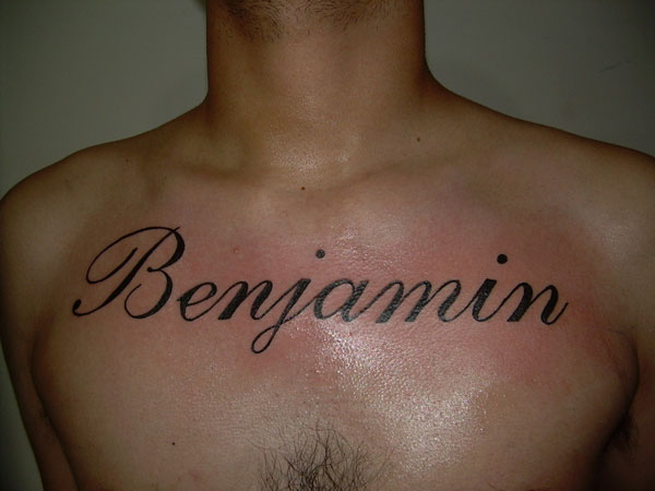 Benjamin Name Tattoo On Man Chest