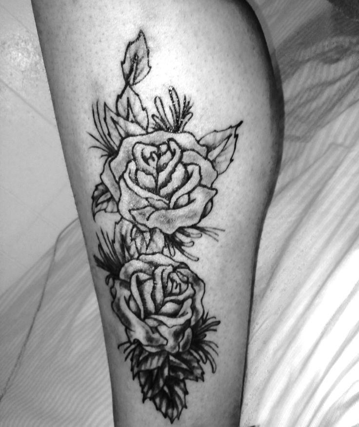Black And Grey 3D Roses Tattoo Design For Leg Calf