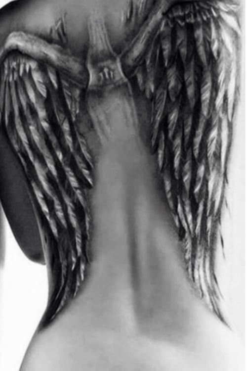 Black And Grey 3D Wings Tattoo On Full Back