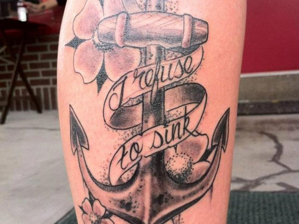 Black And Grey Anchor With Banner Tattoo Design For Leg Calf