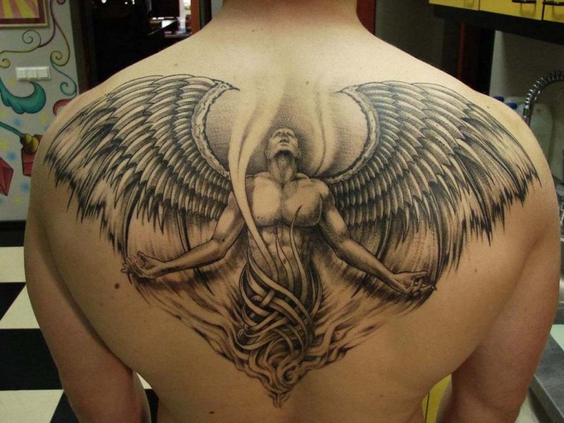 Black And Grey Angel Tattoo On Man Upper Back