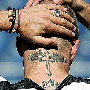 Black And Grey Cross With Wings Tattoo On Man Back Neck