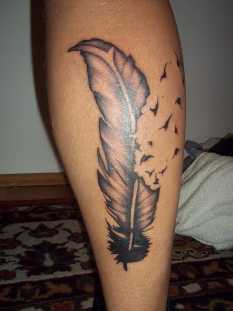 Black And Grey Feather With Flying Birds Tattoo Design For Girl Leg Calf