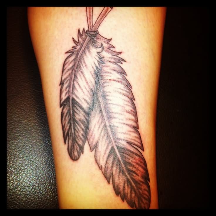 Black And Grey Feathers Tattoo Design  For Leg Calf