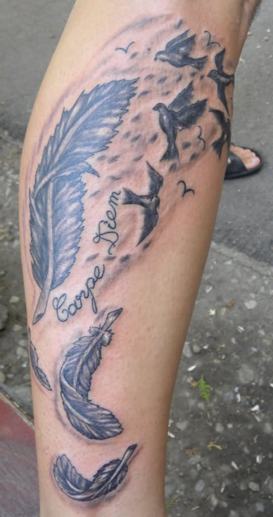 Black And Grey Feathers With Flying Birds Tattoo On Side Leg Calf