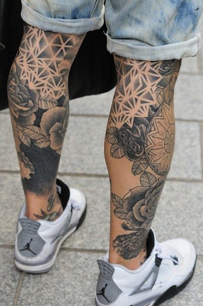 Black And Grey Flowers Tattoo On Both Leg Calf