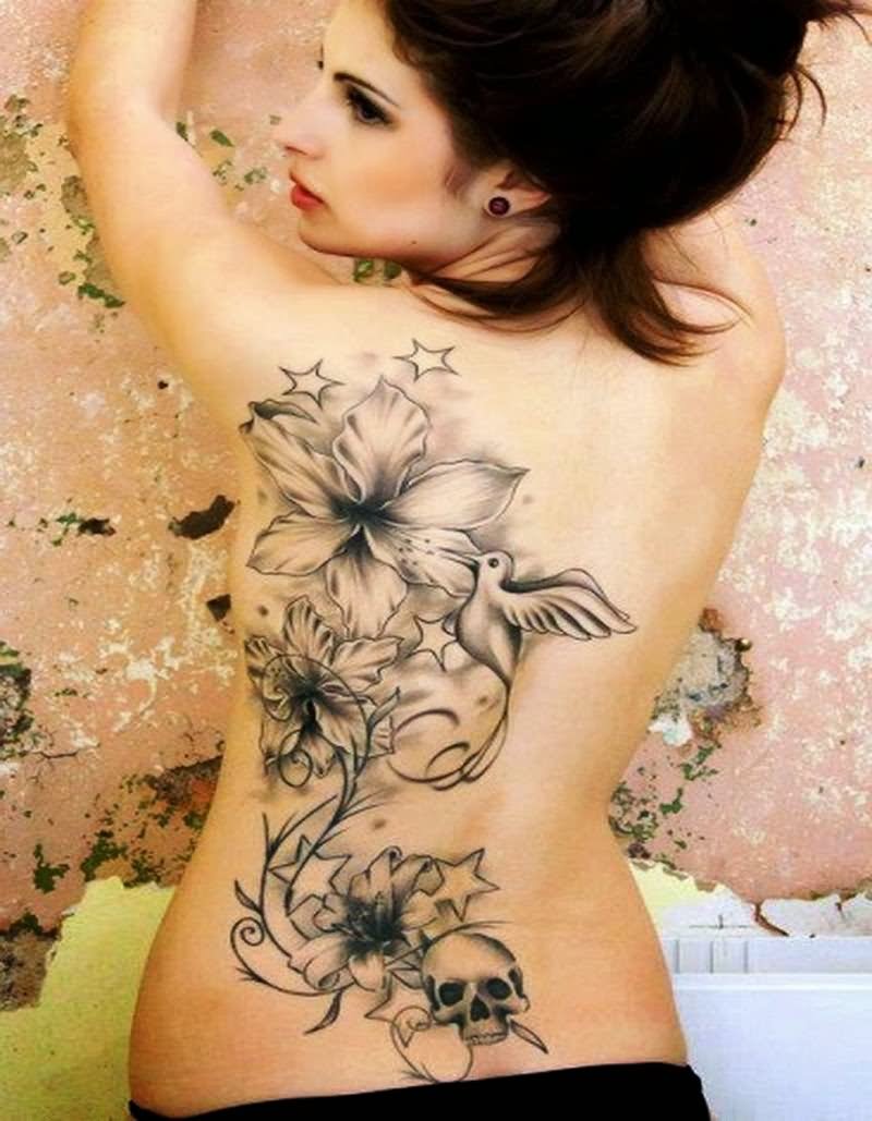 Black And Grey Flowers With Skull And Flying Bird Tattoo On Women Full Back