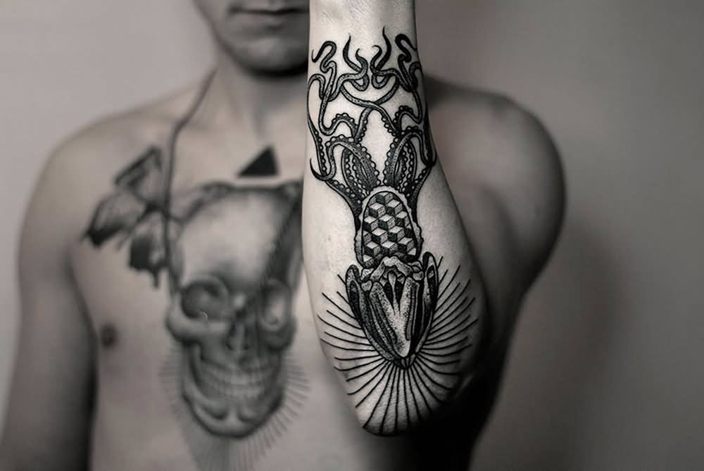 Black And Grey Geometric Squid Tattoo On Left Sleeve
