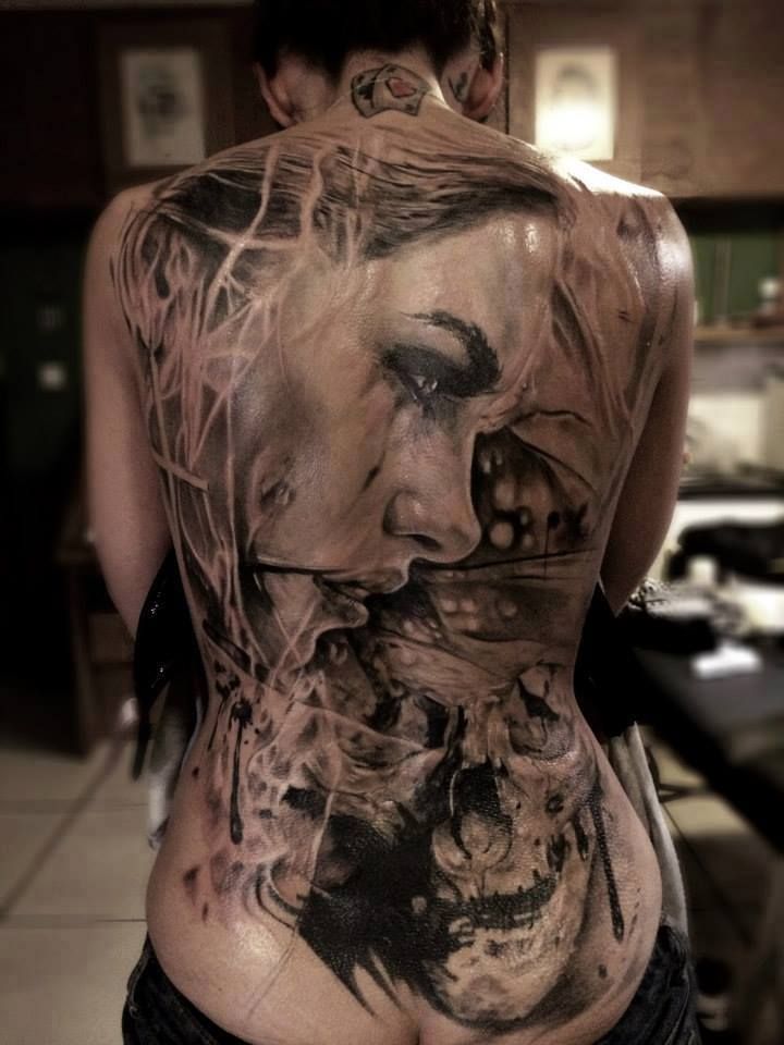 Black And Grey Girl Face With Skull Tattoo On Full Back
