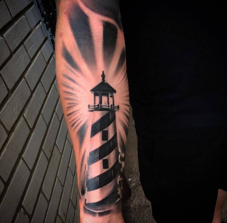 Black And Grey Lighthouse Tattoo On Forearm