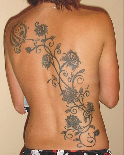 Black And Grey Roses Tattoo On Full Back