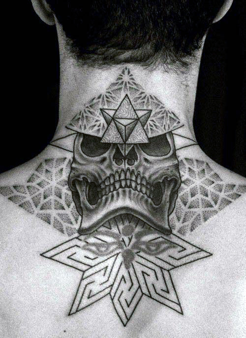 Black And Grey Skull Tattoo Design For Men Back Neck