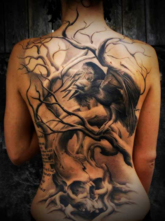 Black And Grey Skull Tree With Raven Tattoo On Full Back