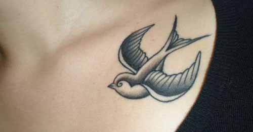 Black And Grey Sparrow Tattoo On Collarbone