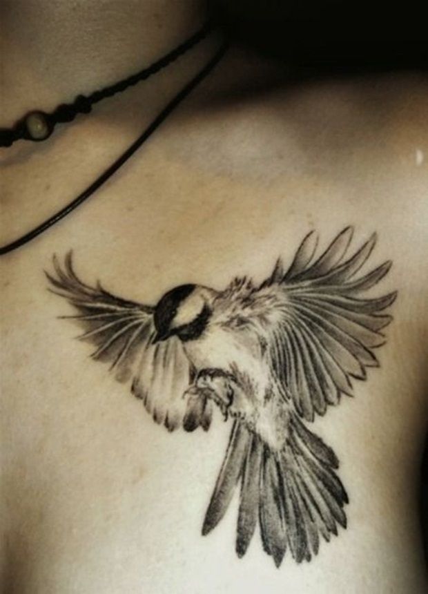Black And Grey Sparrow Tattoo On Front Shoulder