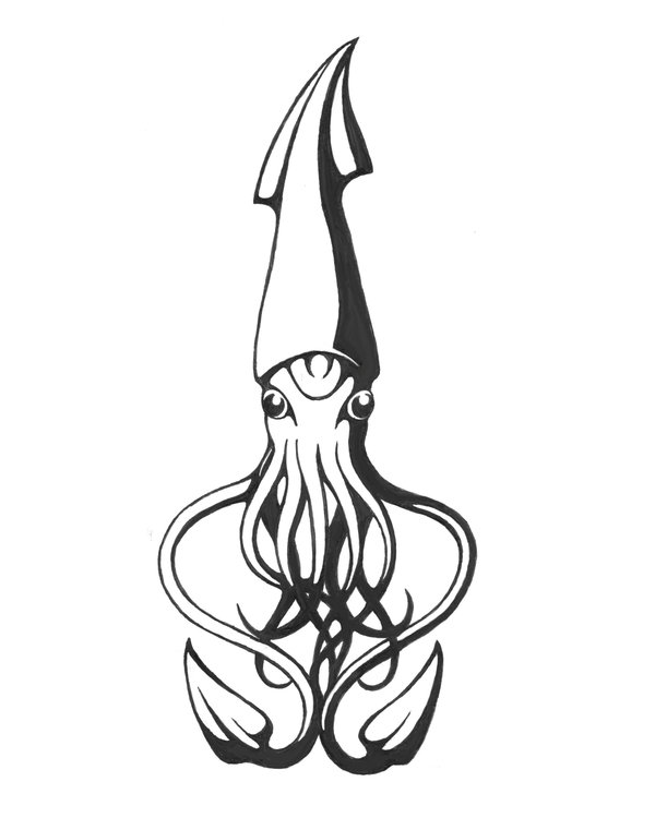 Black And Grey Squid Tattoo Design Stencil