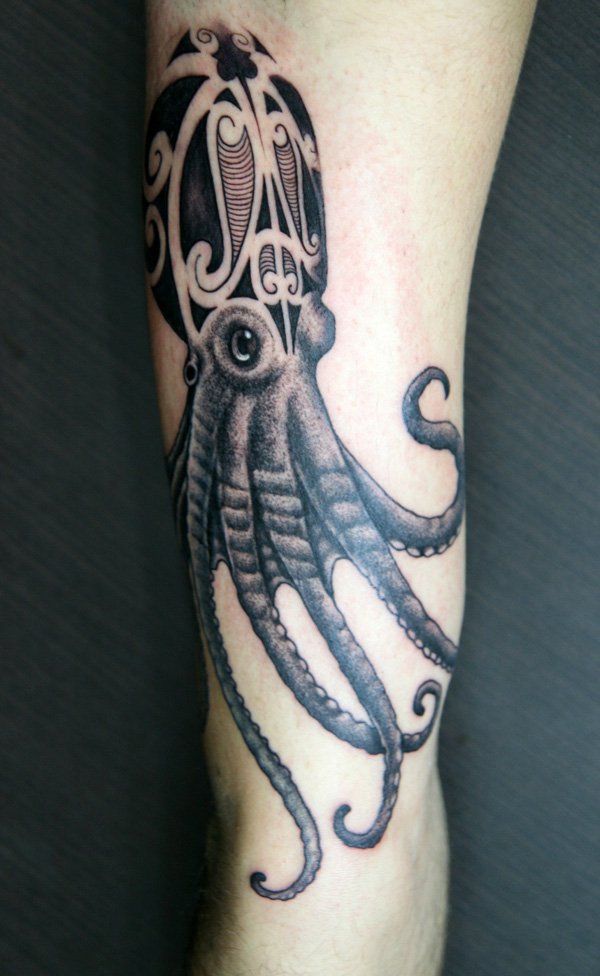 Black And Grey Squid Tattoo On Arm Sleeve