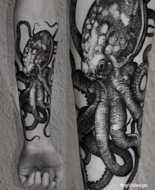 Black And Grey Squid Tattoo On Forearm